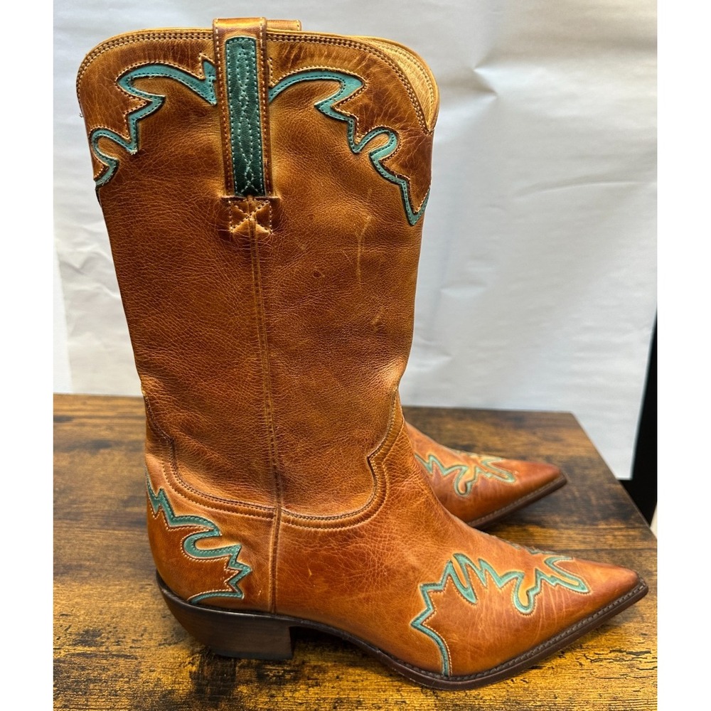 Charlie 1 Horse Tan Leather Turquoise Inlay Embroidered Western Boots Sz 9.5 B - Picture 2 of 16
